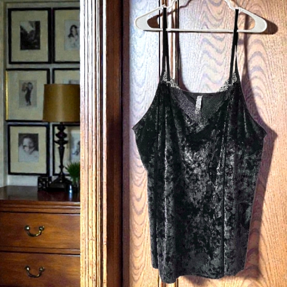 Cacique Black Velvet Cami Classic Lace Trim Victorian Goth Whimsygoth /sz 26-28